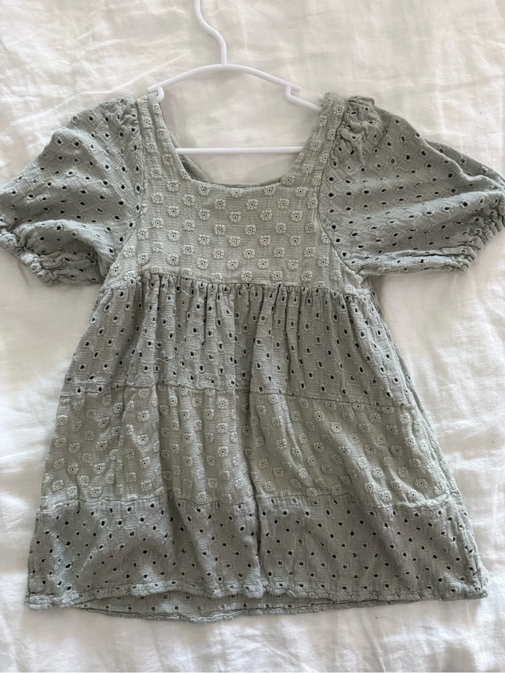 Rylee + Cru Girls' Eyelet Puff-Sleeve Dress in Sage Green